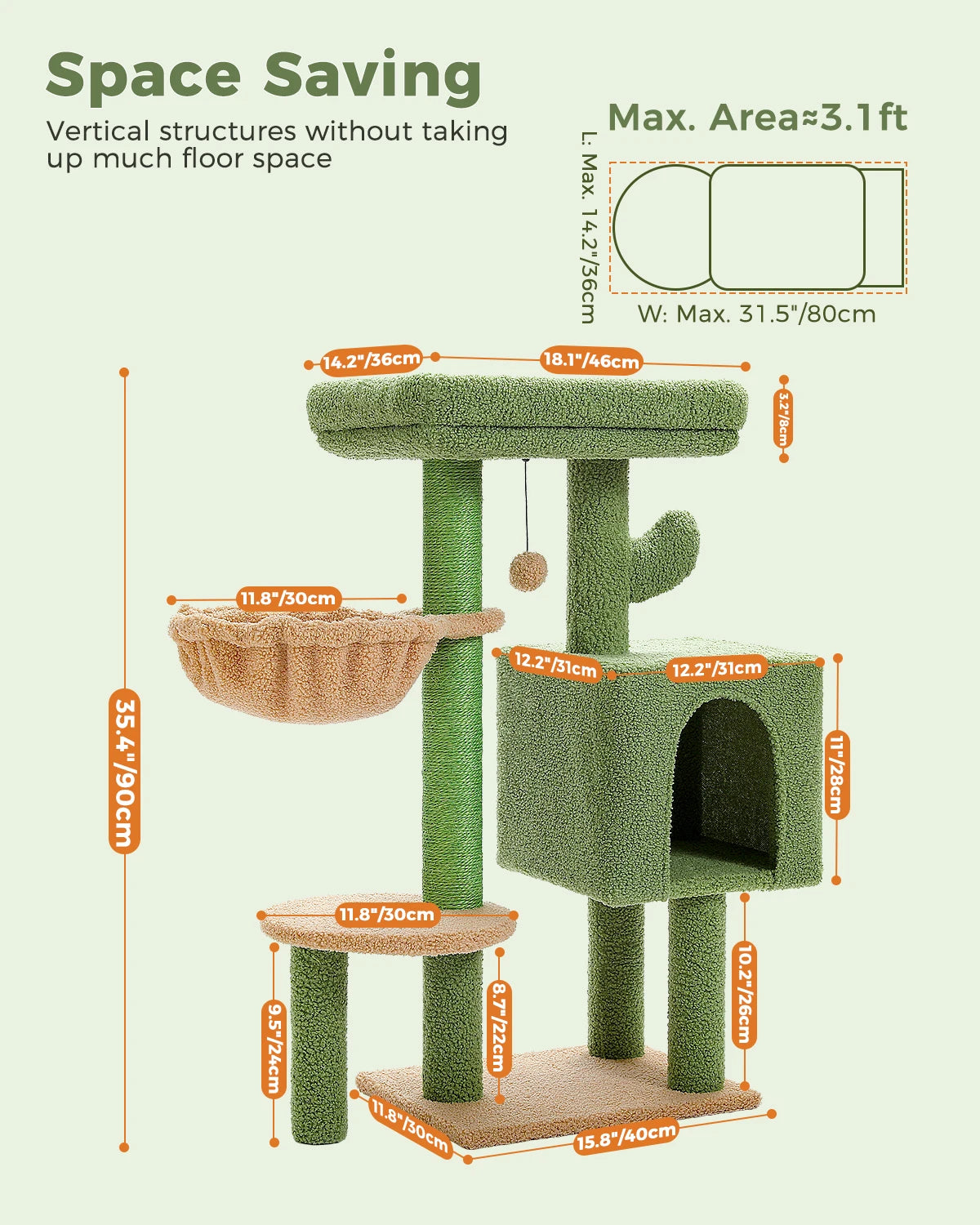 Cactus Cat Tree Cute Cat Tower with Padded Top Perch Comfy Hammock Private Condo Fully Scratching Post and Dangling Bell Ball