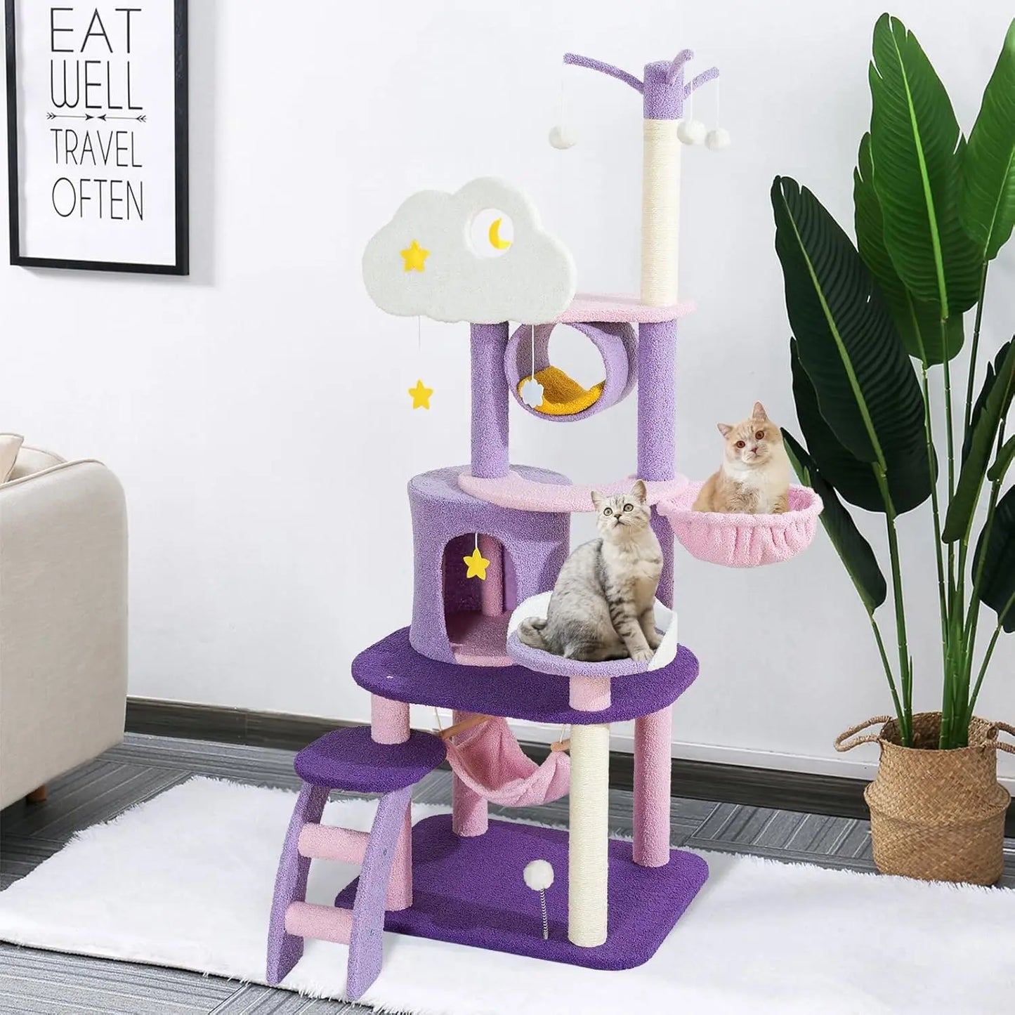 65 Inches Unique Cat Tree Large Tall for Indoor Cats Purple Pink Cloud Big Cat Tree Cat Castle Mansion Condo for Large Cats