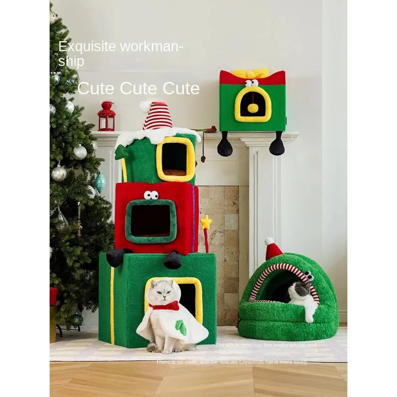 Christmas Bag Mongolian Cat Nest Winter Warm Large Space Semi-Enclosed Removable and Washable Pet Bed