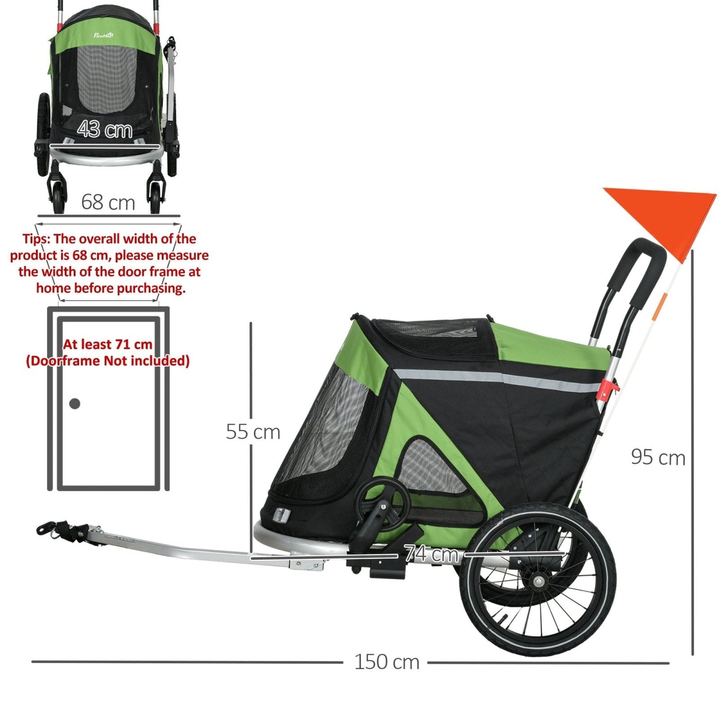 2 in 1 Aluminium Foldable Dog Bike Trailer, Pet Stroller, for Medium Dogs - Green-2