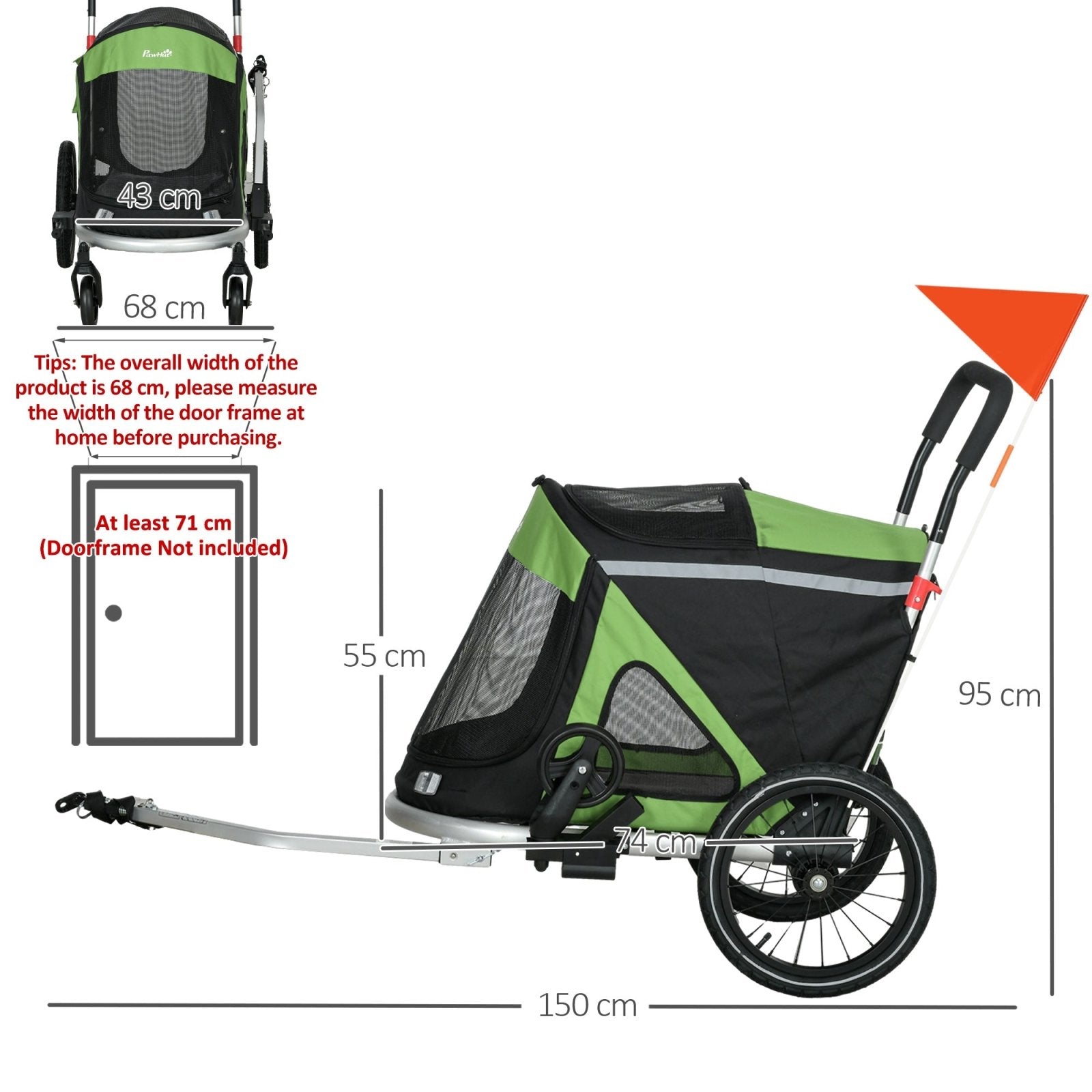 2 in 1 Aluminium Foldable Dog Bike Trailer, Pet Stroller, for Medium Dogs - Green-2