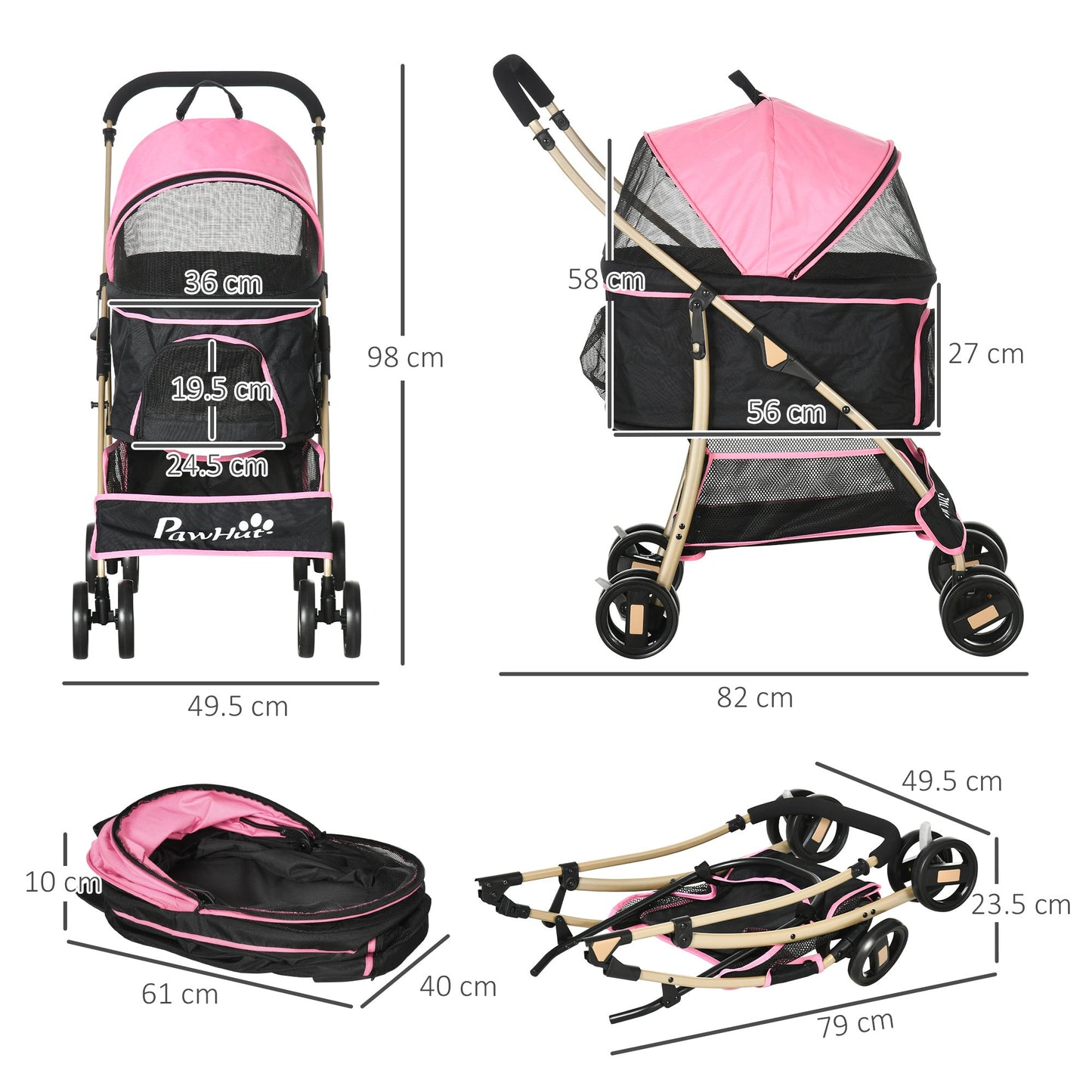 Detachable Pet Stroller, 3-In-1 Dog Cat Travel Carriage, Foldable Carrying Bag with Universal Wheel Brake Canopy Basket Storage Bag, Pink-2