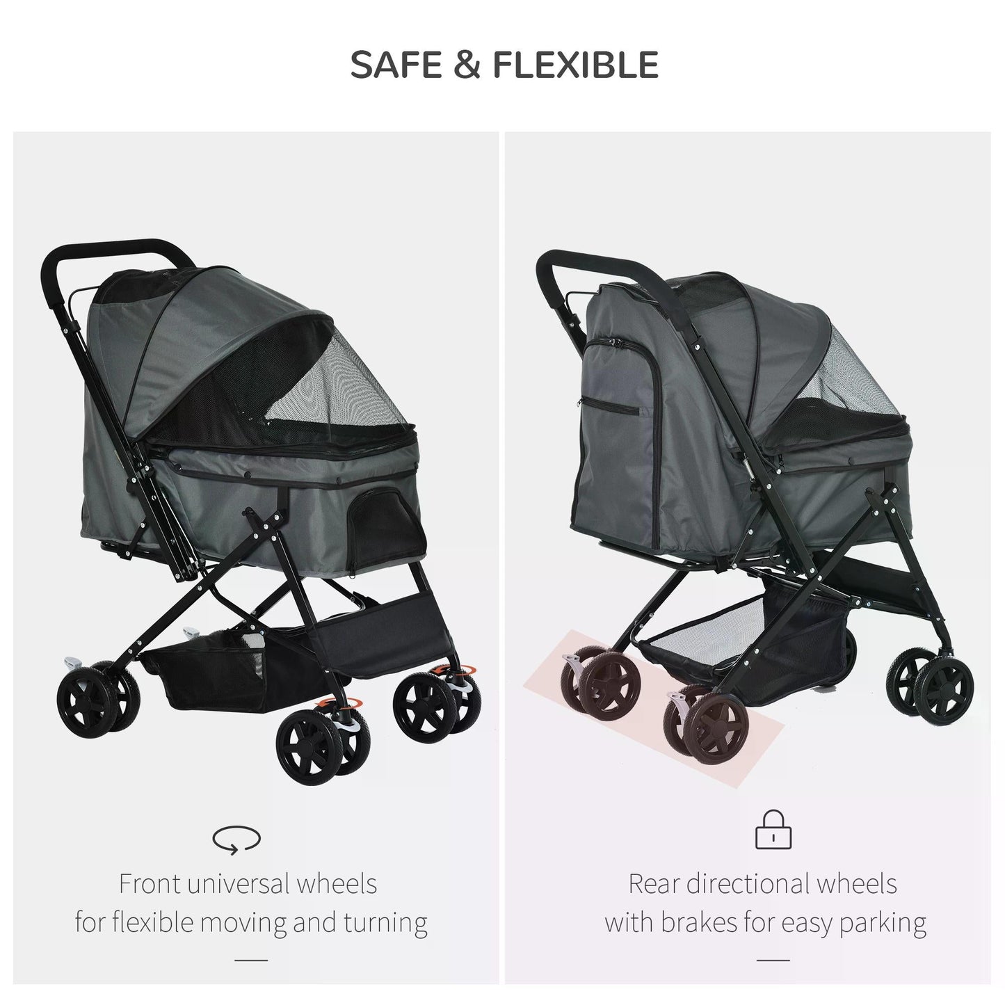 Pet Stroller Dog Pushchair Foldable Jogger with Reversible Handle EVA Wheel Brake Basket Adjustable Canopy Safety Leash Grey-3