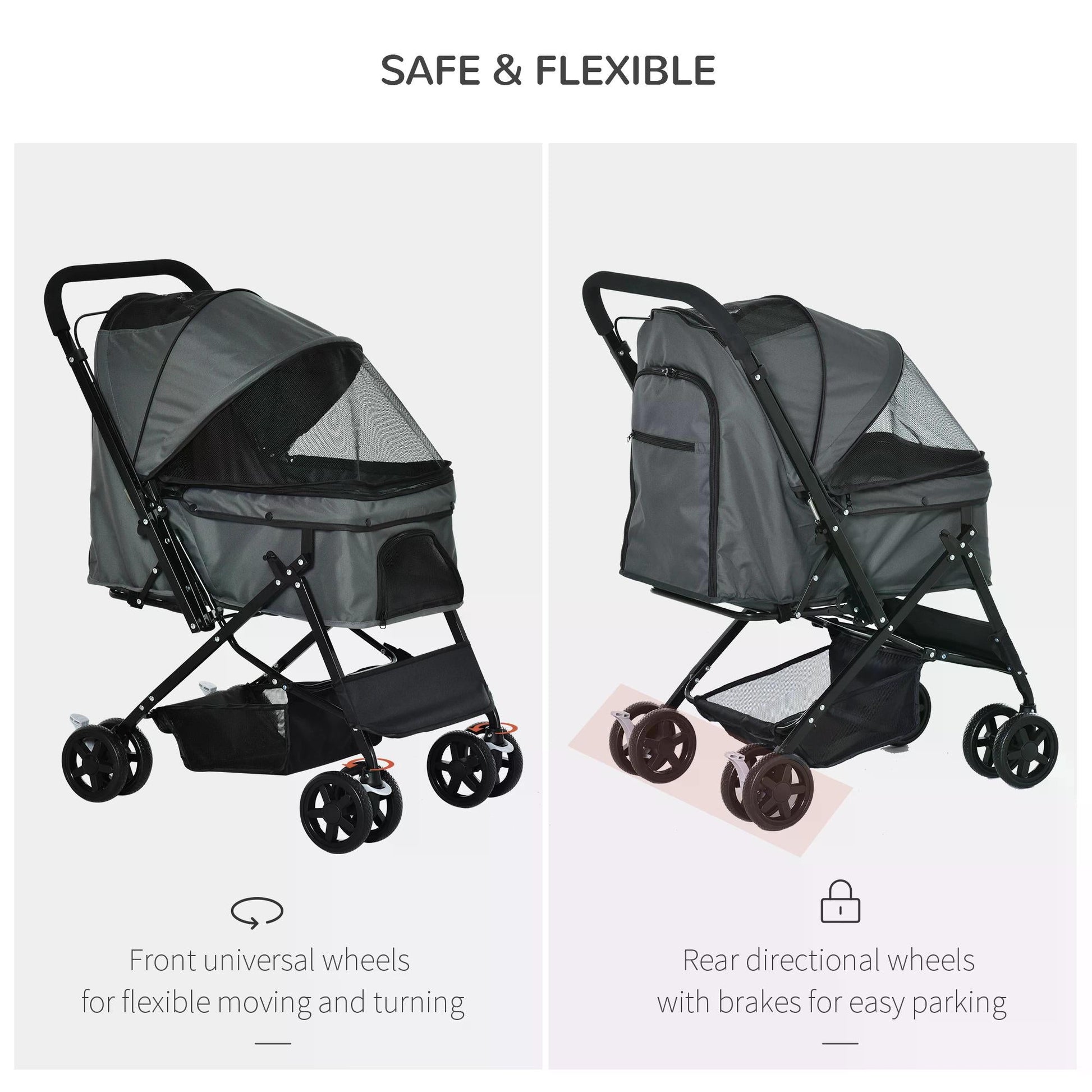 Pet Stroller Dog Pushchair Foldable Jogger with Reversible Handle EVA Wheel Brake Basket Adjustable Canopy Safety Leash Grey-3