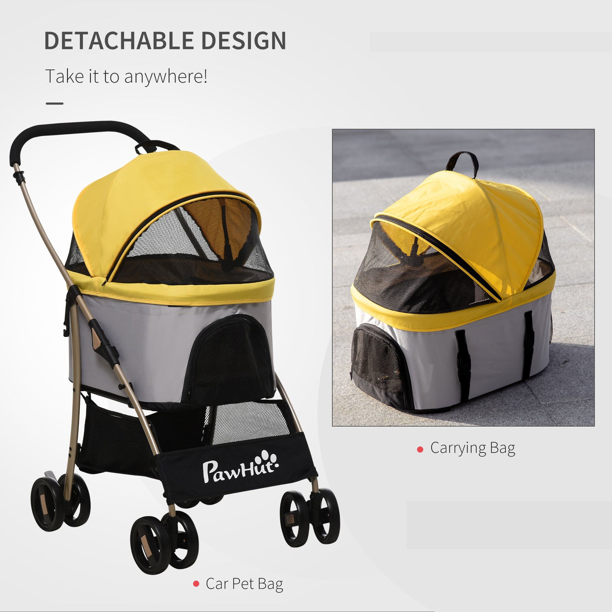 Detachable Dog Pushchair, 3-In-1 Dog Cat Travel Carriage, Foldable Carrying Bag with Universal Wheel Brake Canopy Basket Storage Bag, Yellow-4
