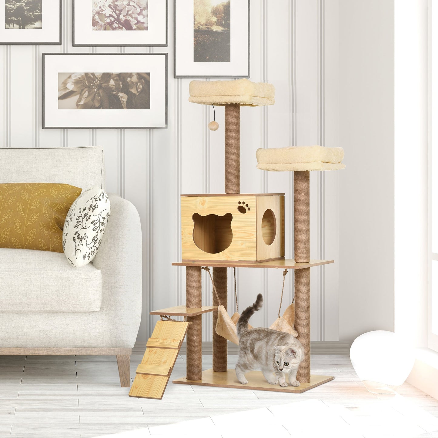 Cat Tree, 130cm Cat Tree for Indoor, Multi-Level Plush Cat Climbing Tower w/ Scratching Posts, Perches, Cat Condo, Ball for Large Cat, Yellow-1