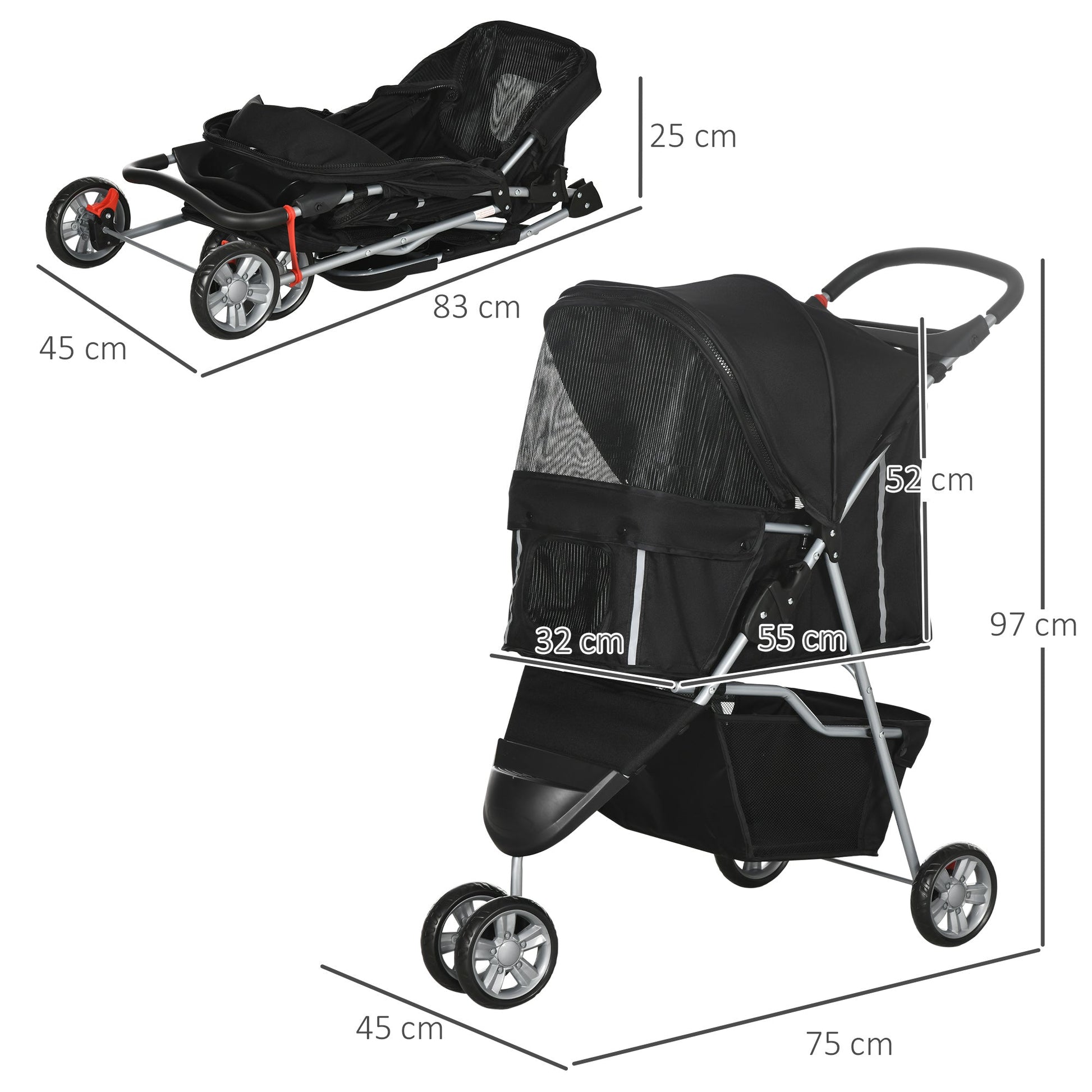 Pet Travel Stroller Cat Dog Pushchair Trolley Puppy Jogger Carrier Three Wheels for Small Miniature Dogs(Black)-2