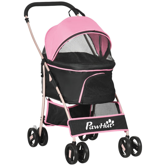 Detachable Pet Stroller, 3-In-1 Dog Cat Travel Carriage, Foldable Carrying Bag with Universal Wheel Brake Canopy Basket Storage Bag, Pink-0