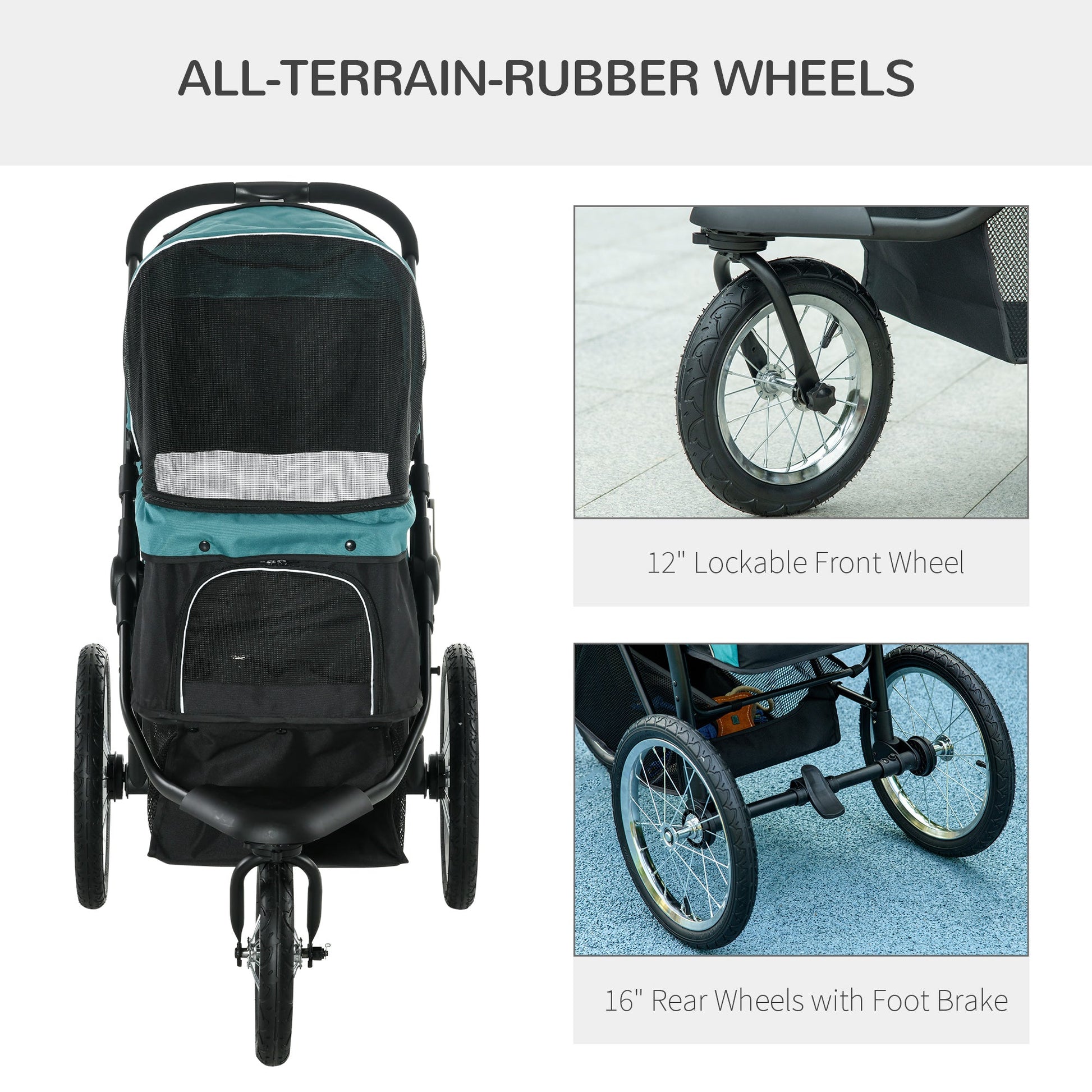 Pet Stroller Jogger for Medium, Small Dogs, Foldable Cat Pram Dog Pushchair w/ Adjustable Canopy, 3 Big Wheels - Dark Green-4