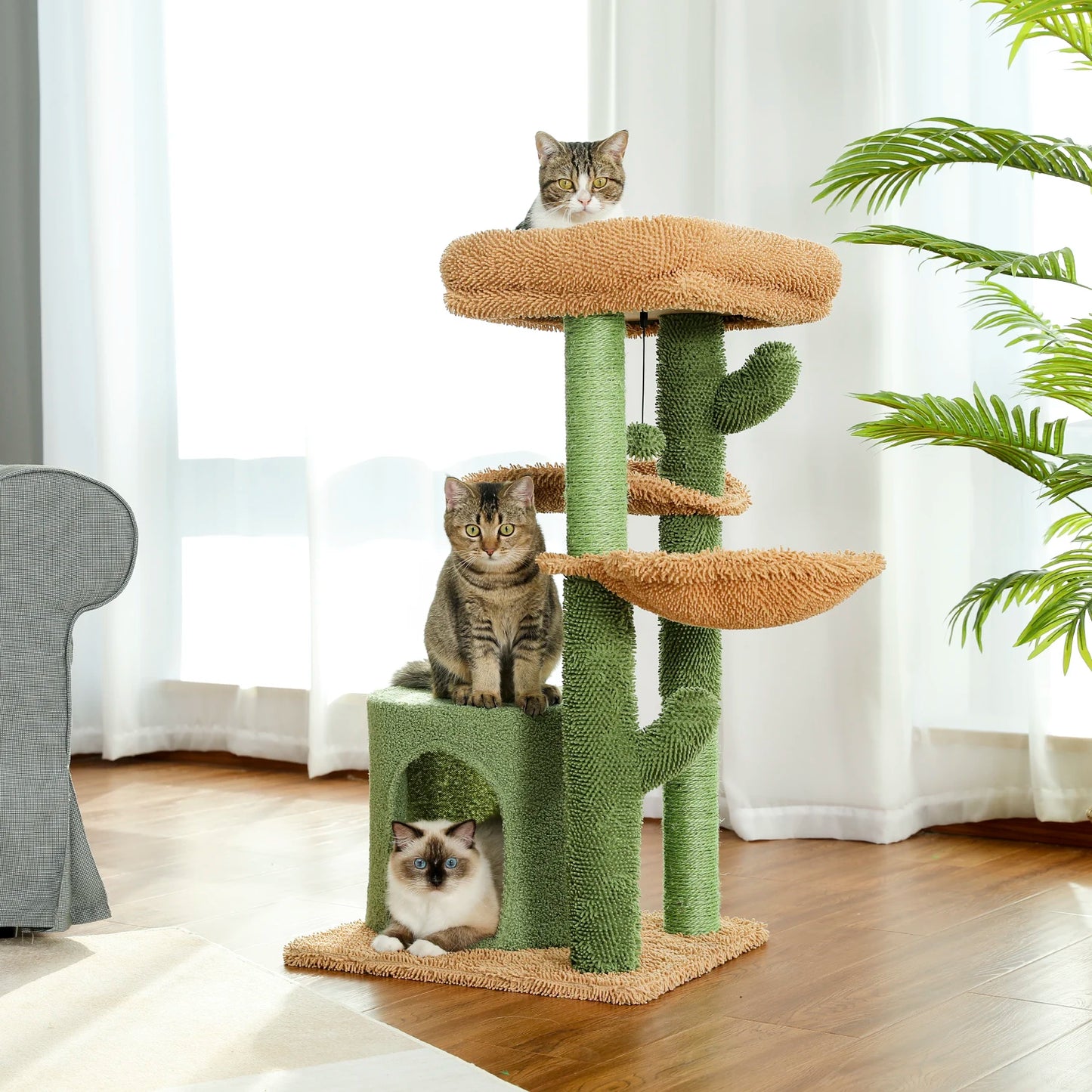 DIY Cactus Cat Tree Houses Hummock Fully Wrapped Scratching Post Wood Climbing Tower for Cat Jumping Toy Pet Furniture Protector
