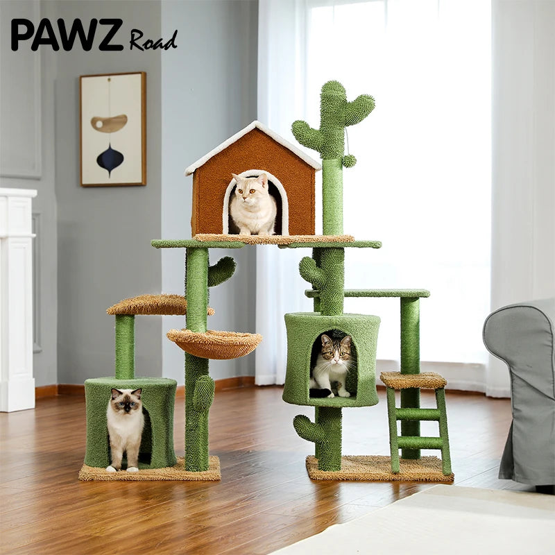 DIY Cactus Cat Tree Houses Hummock Fully Wrapped Scratching Post Wood Climbing Tower for Cat Jumping Toy Pet Furniture Protector