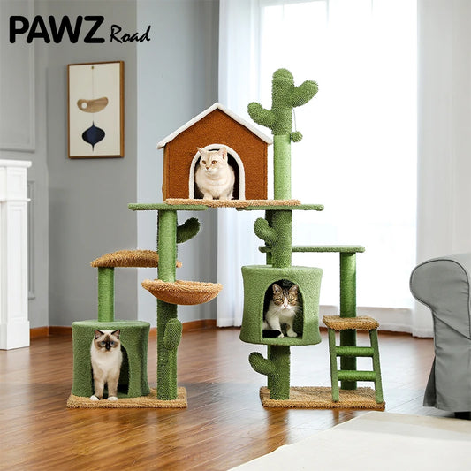DIY Cactus Cat Tree Houses Hummock Fully Wrapped Scratching Post Wood Climbing Tower for Cat Jumping Toy Pet Furniture Protector