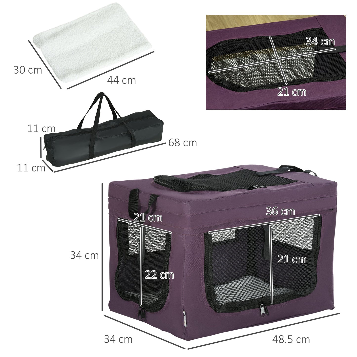 49cm Pet Carrier Portable Cat Carrier Foldable Dog Bag Pet Travel Bag w/ Cushion for Miniature Dogs, Purple-2