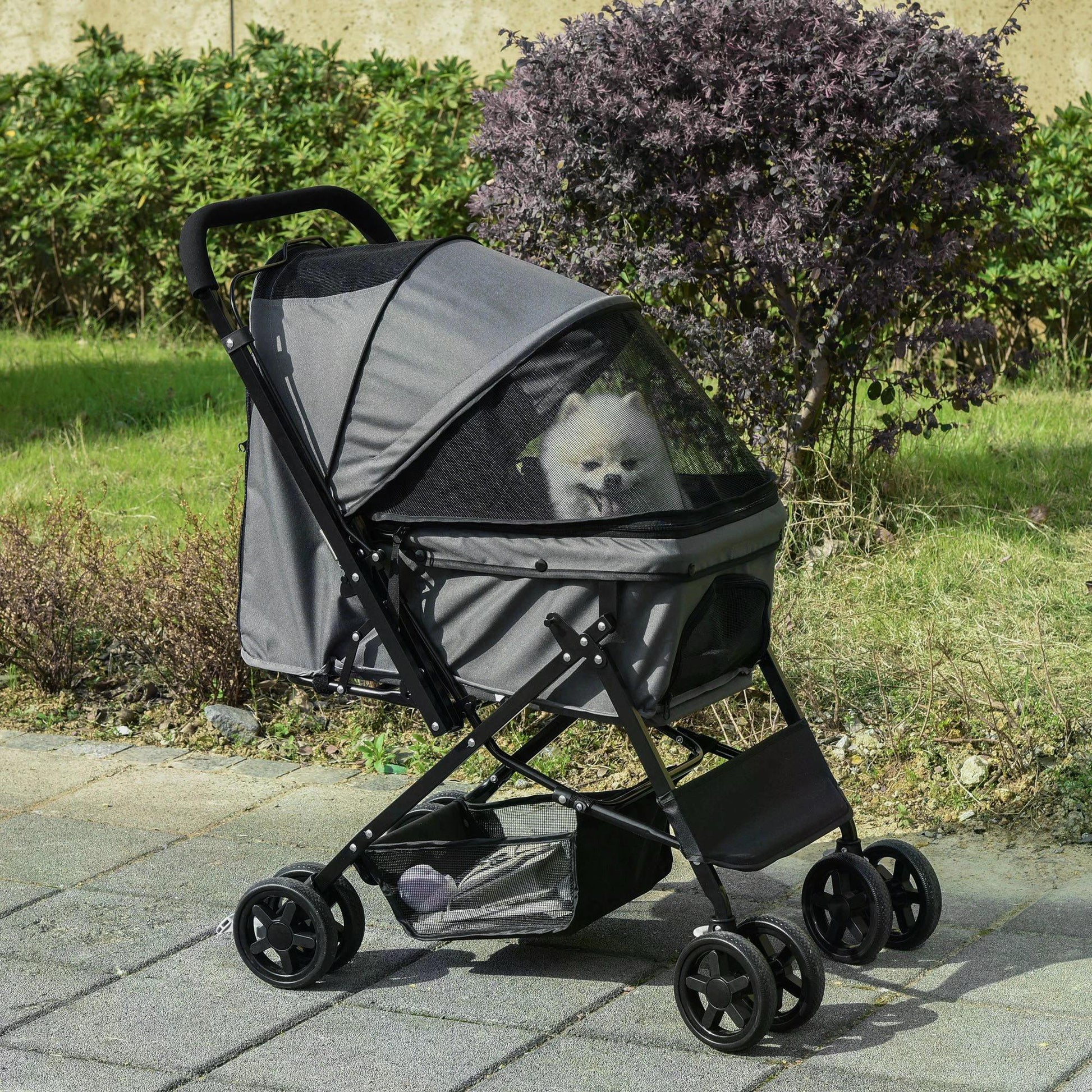 Pet Stroller Dog Pushchair Foldable Jogger with Reversible Handle EVA Wheel Brake Basket Adjustable Canopy Safety Leash Grey-1