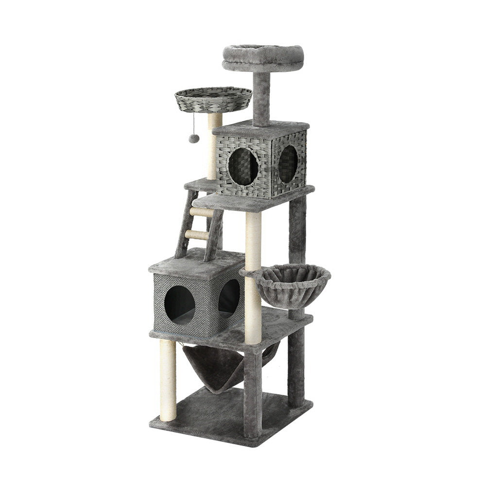 Cat Tree Tower Scratching Post Wood Bed Condo House Rattan Ladder 169cm-0