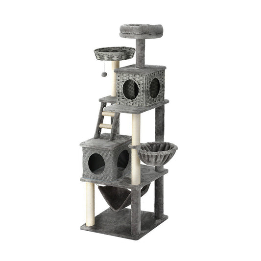 Cat Tree Tower Scratching Post Wood Bed Condo House Rattan Ladder 169cm-0