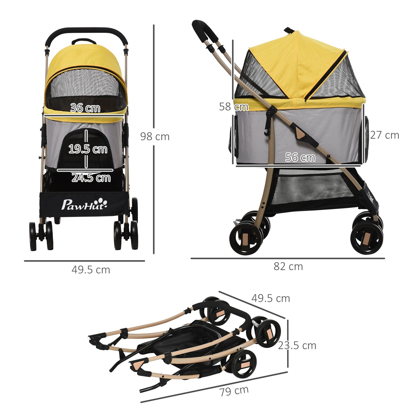 Detachable Dog Pushchair, 3-In-1 Dog Cat Travel Carriage, Foldable Carrying Bag with Universal Wheel Brake Canopy Basket Storage Bag, Yellow-2