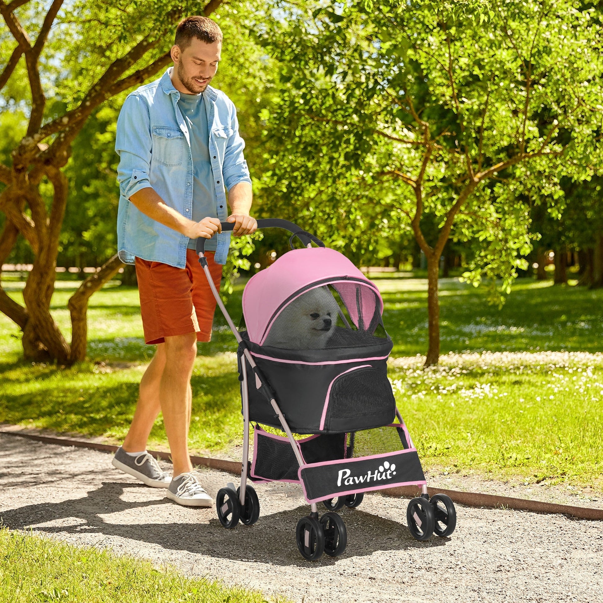 Detachable Pet Stroller, 3-In-1 Dog Cat Travel Carriage, Foldable Carrying Bag with Universal Wheel Brake Canopy Basket Storage Bag, Pink-1