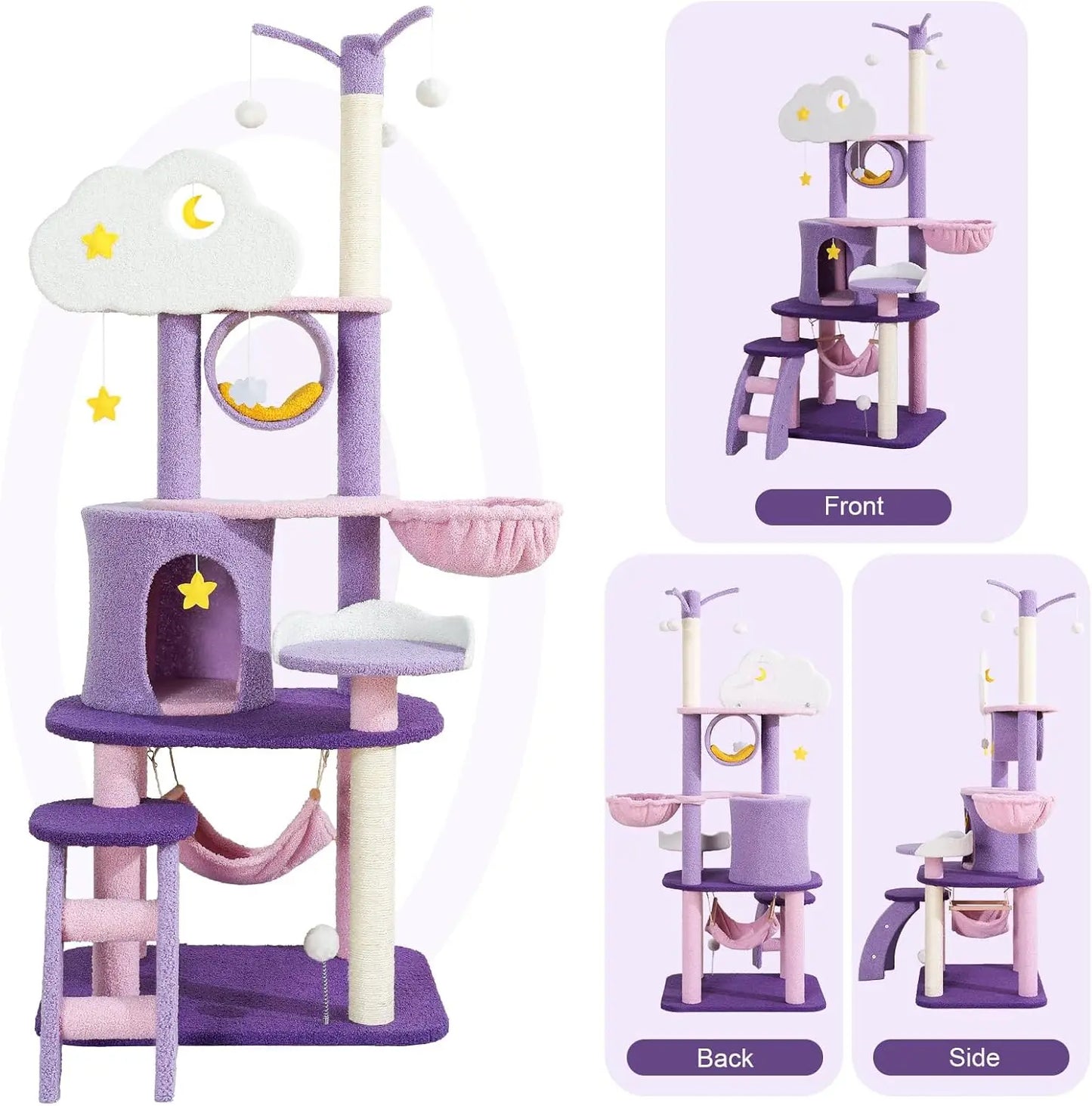 65 Inches Unique Cat Tree Large Tall for Indoor Cats Purple Pink Cloud Big Cat Tree Cat Castle Mansion Condo for Large Cats
