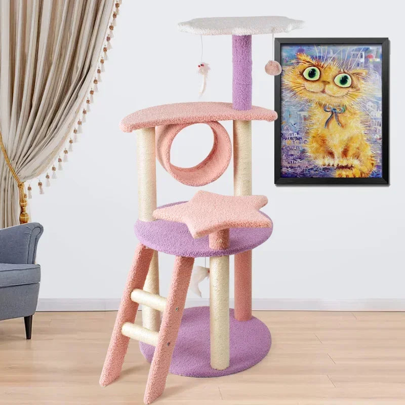 Cat Tree Apartment Tower with Basket Perch Platform Pink Cat Supplies Cat Toys Let Cats Play Happy At Home
