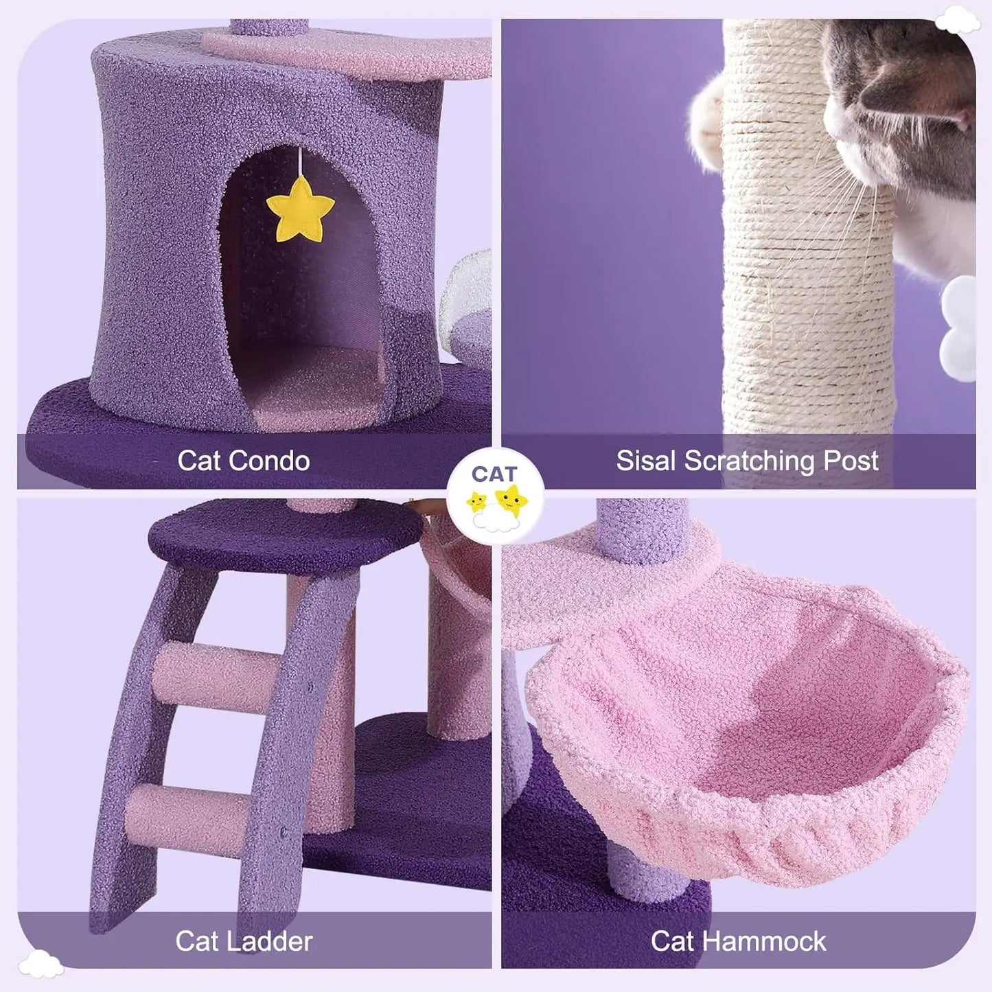 65 Inches Unique Cat Tree Large Tall for Indoor Cats Purple Pink Cloud Big Cat Tree Cat Castle Mansion Condo for Large Cats