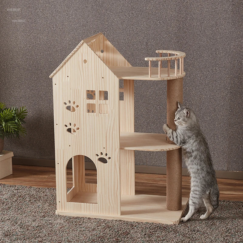 Solid Wood Cat Scratchers Cat Litter Cat Tree One Large Cat House Double-decker Luxury Cat Villa Grab Column Jumping Platform
