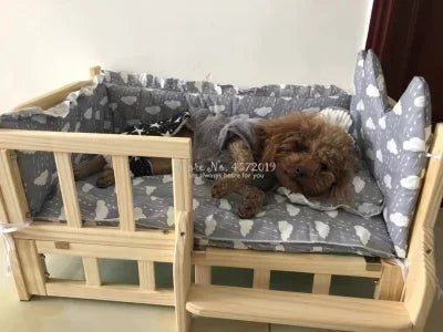 Stylish Dog Sleeping Wooden Bed - Three-Piece Bedding Mattress Pillow, Comfortable Wooden Pet Mattress, Dog Bed