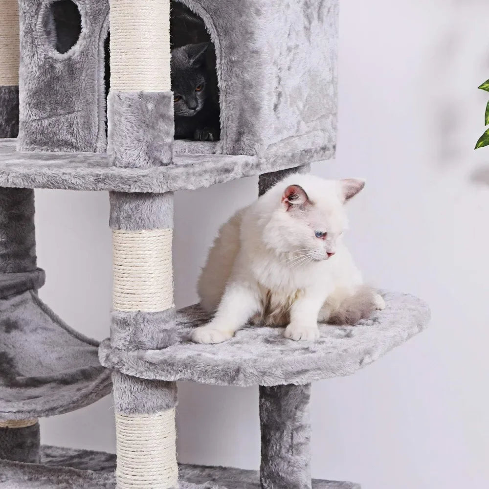 Large cat tree apartment with sisal flower scraping columns, cat hole and hammock, pet activity center cat tower