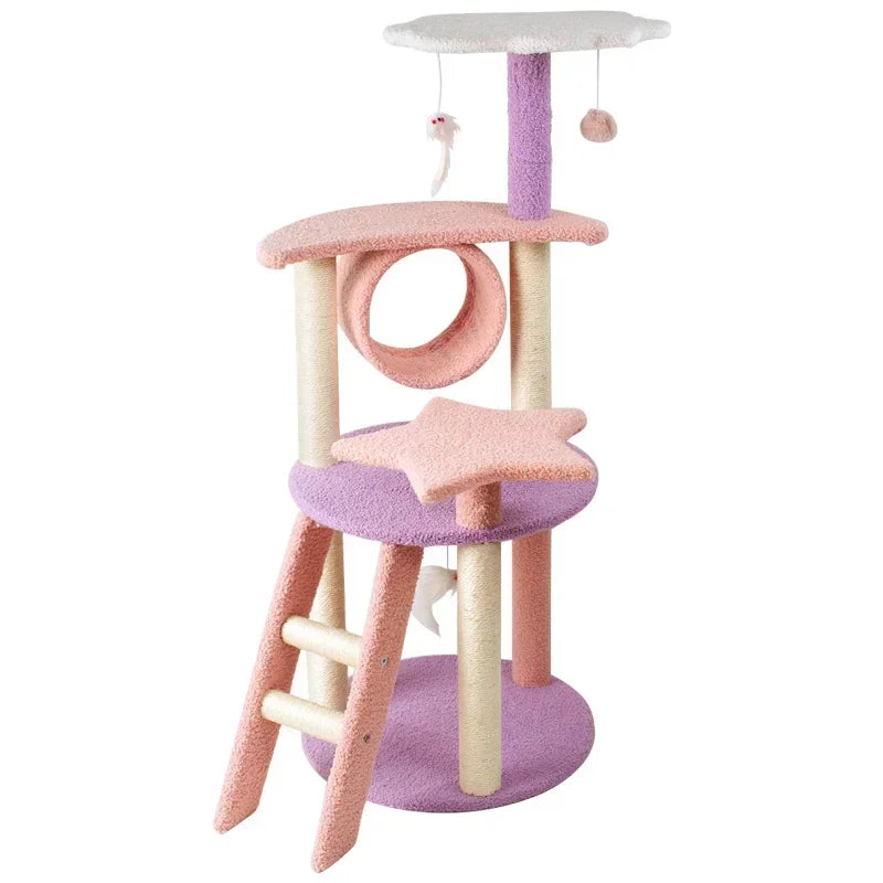 Cat Tree Apartment Tower with Basket Perch Platform Pink Cat Supplies Cat Toys Let Cats Play Happy At Home