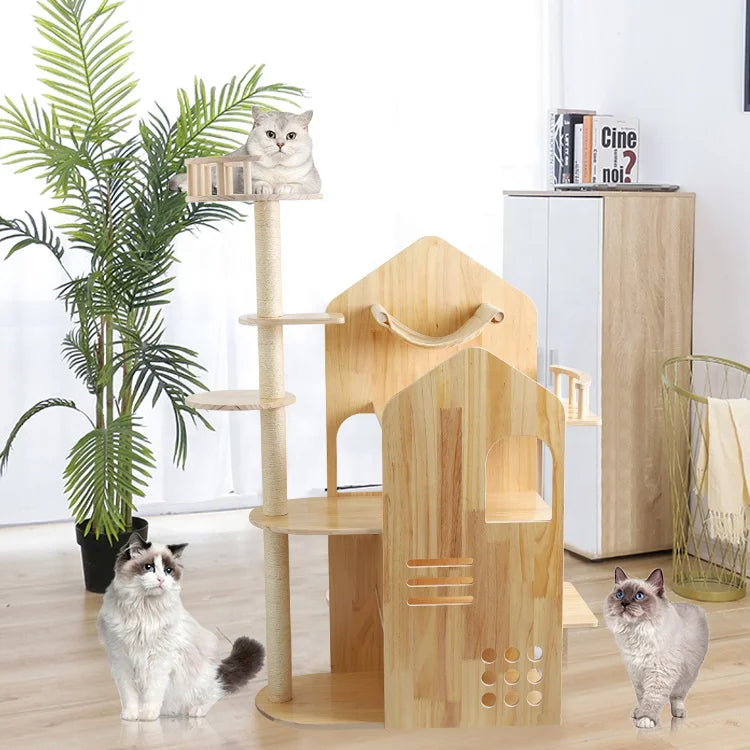 Solid Wood Cat Tree Condo Multiple Tiers Cat House