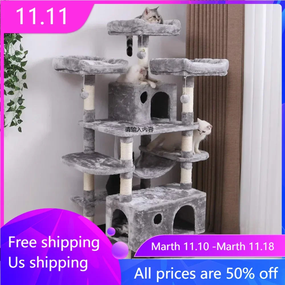 Large cat tree apartment with sisal flower scraping columns, cat hole and hammock, pet activity center cat tower