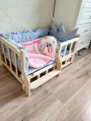 Stylish Dog Sleeping Wooden Bed - Three-Piece Bedding Mattress Pillow, Comfortable Wooden Pet Mattress, Dog Bed