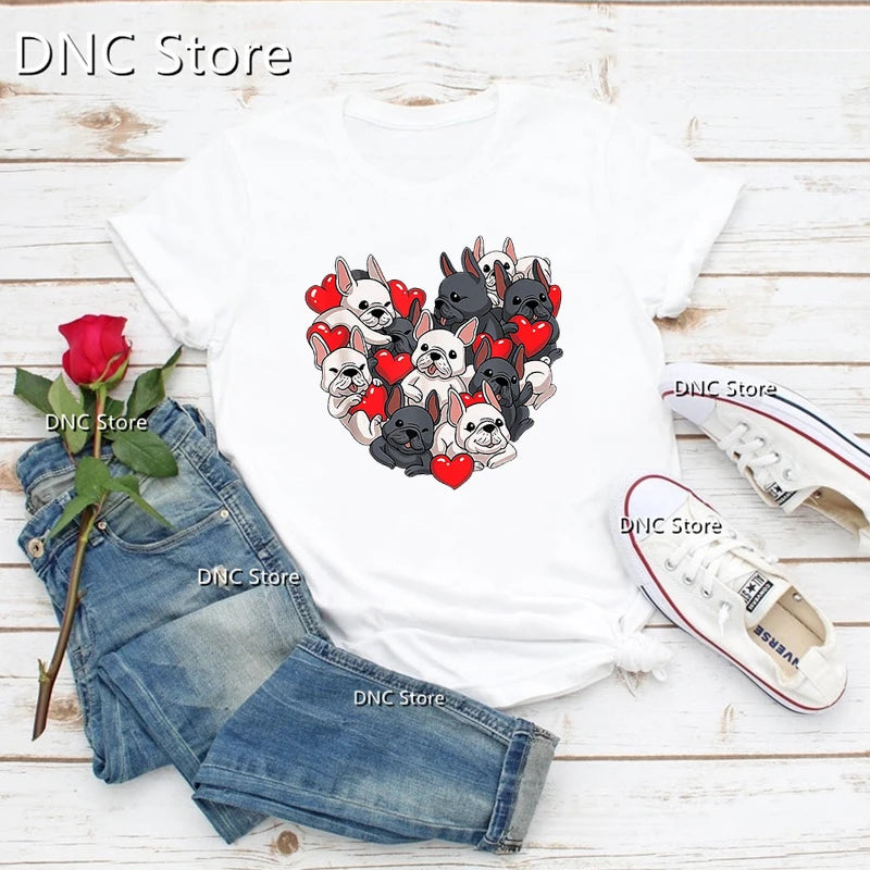 French Bulldog Lovers, Sweet French Black And White With Pin Donuts Dog Lovers Women Tshirts Summer T-Shirts Femme O Collar Tops