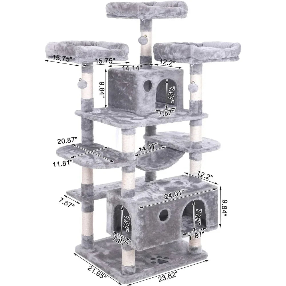 Large cat tree apartment with sisal flower scraping columns, cat hole and hammock, pet activity center cat tower