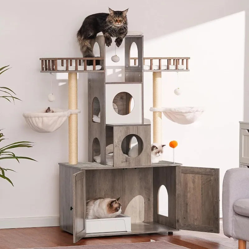 Cat Tree Tower with Litter Box Enclosure, for Large Cats 20 lbs Heavy Duty, Modern Cat Condo Furniture with Scratching Posts