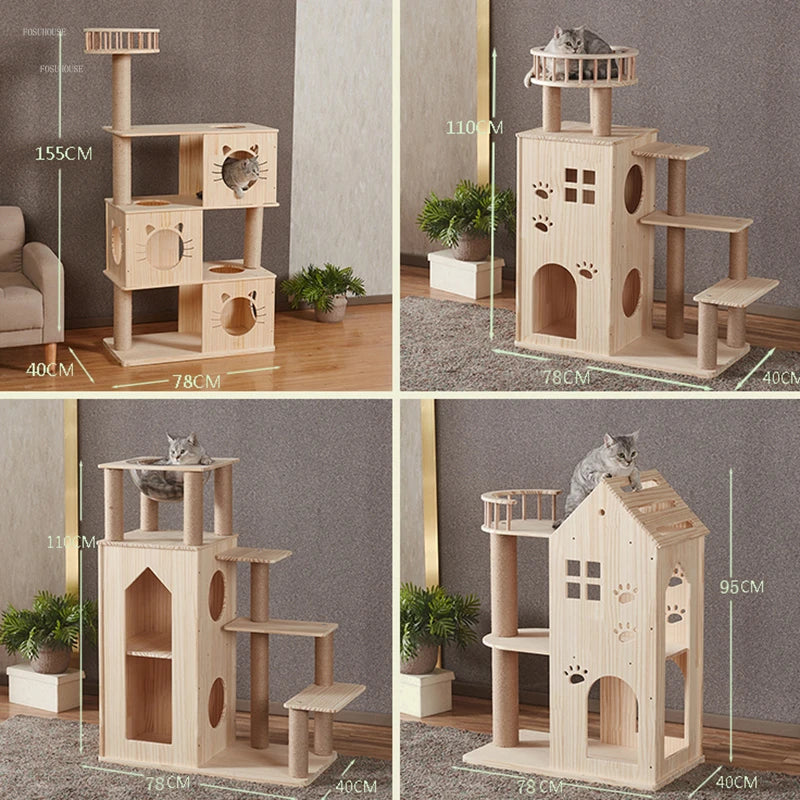 Solid Wood Cat Scratchers Cat Litter Cat Tree One Large Cat House Double-decker Luxury Cat Villa Grab Column Jumping Platform