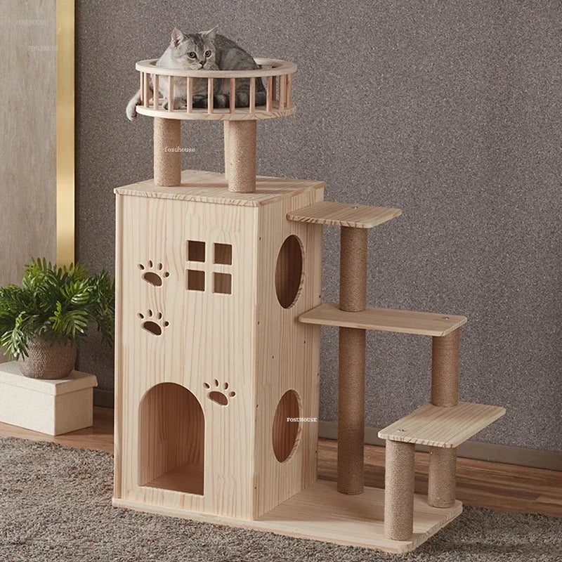 Large Cat House Double-decker Luxury Cat Villa Grab Column Jumping Platform Solid Wood Cat Scratchers Cat Litter Cats Tree One L