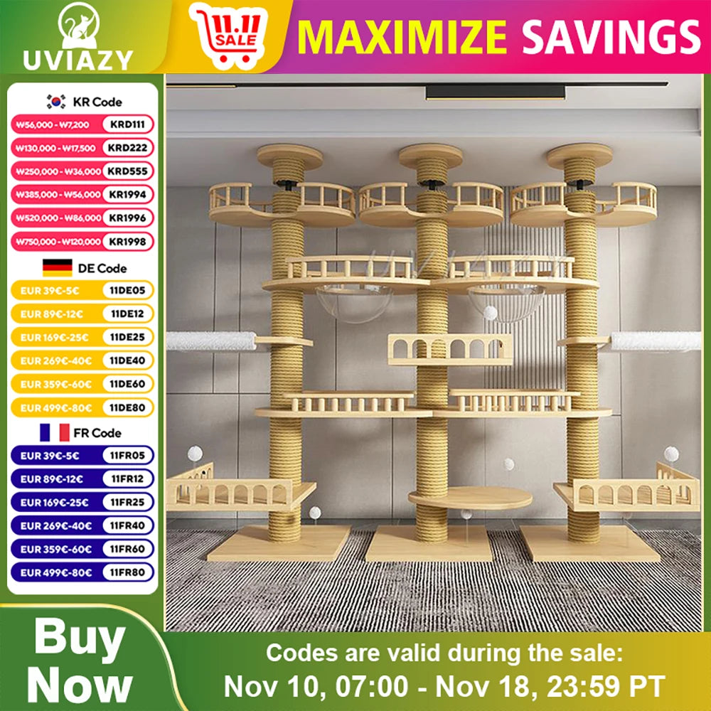 Multi-layer Three Columns Floor-to-Ceiling Cat Tree Cat Climbing Tower Sisal Rope Scratching Post Height 250-270cm Climbing Tree