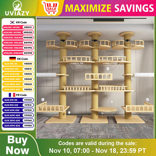 Multi-layer Three Columns Floor-to-Ceiling Cat Tree Cat Climbing Tower Sisal Rope Scratching Post Height 250-270cm Climbing Tree