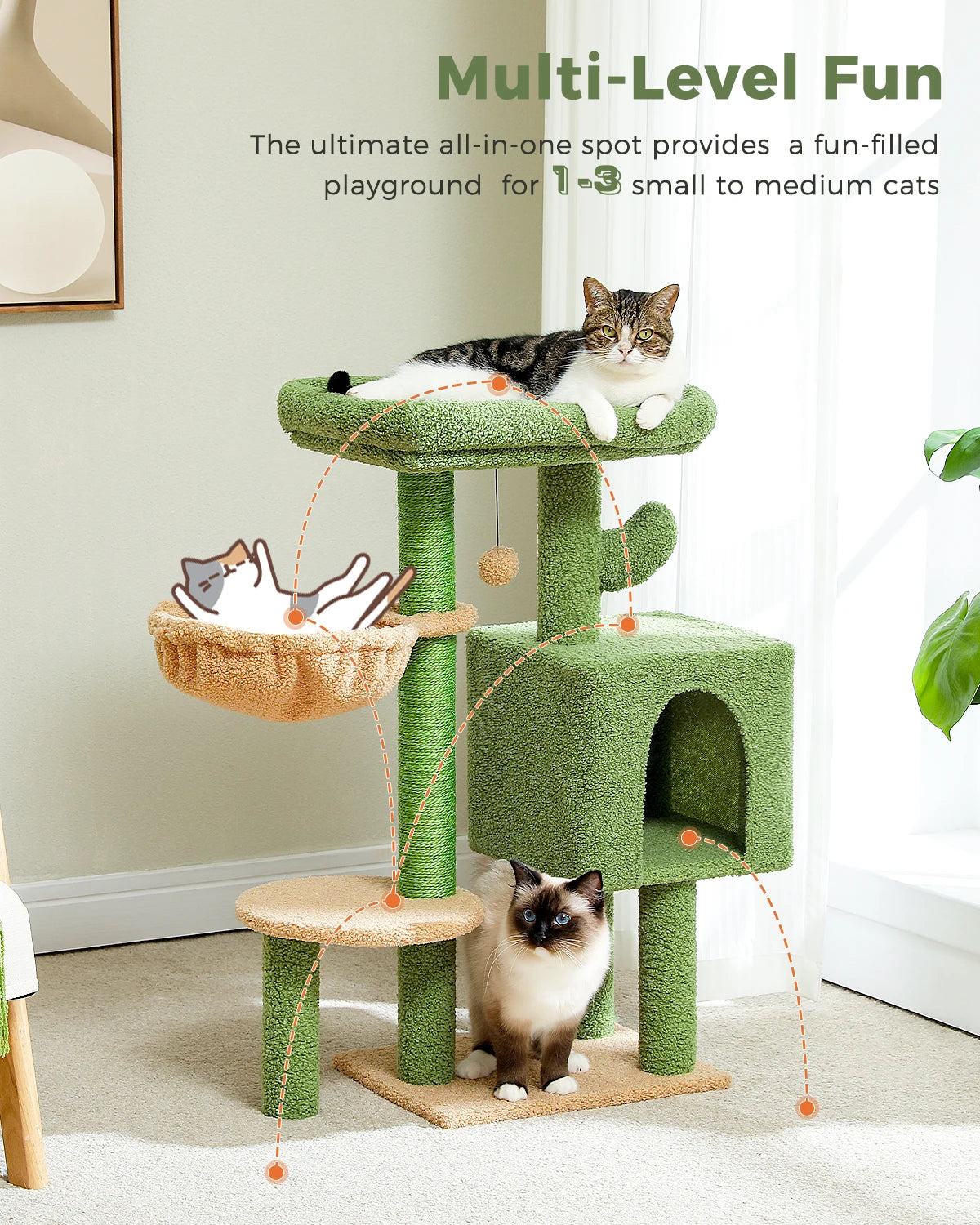 Cactus Cat Tree Cute Cat Tower with Padded Top Perch Comfy Hammock Private Condo Fully Scratching Post and Dangling Bell Ball