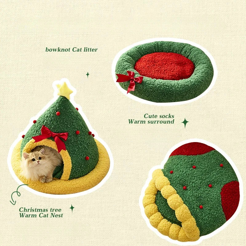 Christmas Version Plush Round Cat Bed Pet Mattress Warm Soft Comfortable Basket Cat Dog 2 in 1 Sleeping Bag Nest for Small Dogs
