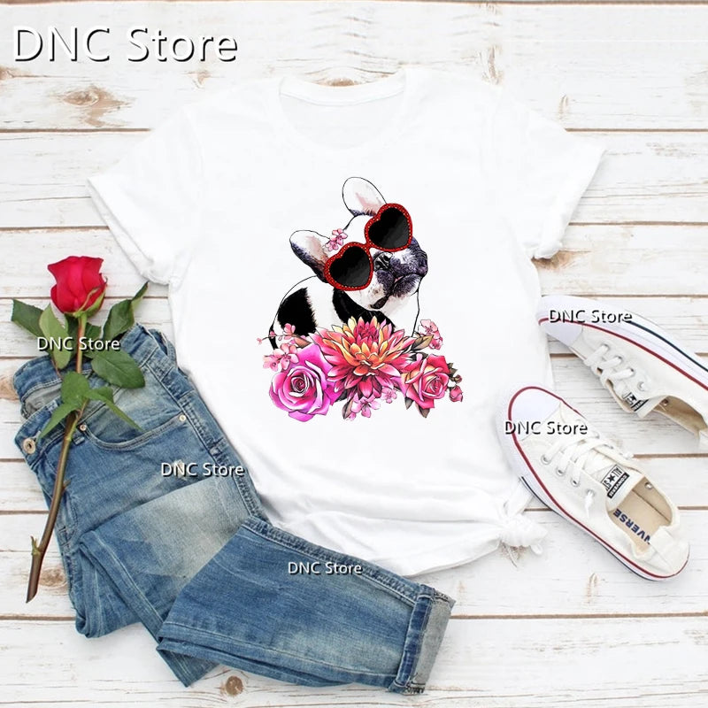 French Bulldog Lovers, Sweet French Black And White With Pin Donuts Dog Lovers Women Tshirts Summer T-Shirts Femme O Collar Tops
