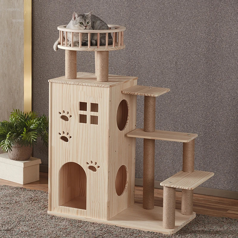 Solid Wood Cat Scratchers Cat Litter Cat Tree One Large Cat House Double-decker Luxury Cat Villa Grab Column Jumping Platform