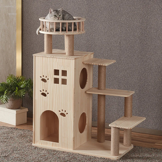 Solid Wood Cat Scratchers Cat Litter Cat Tree One Large Cat House Double-decker Luxury Cat Villa Grab Column Jumping Platform