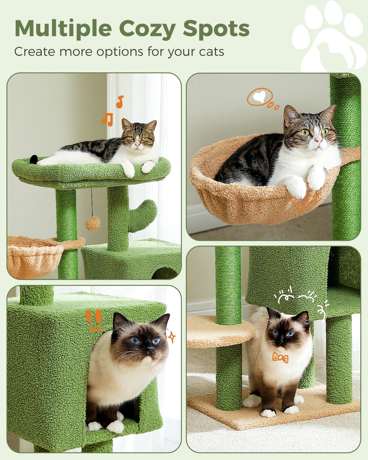 Cactus Cat Tree Cute Cat Tower with Padded Top Perch Comfy Hammock Private Condo Fully Scratching Post and Dangling Bell Ball