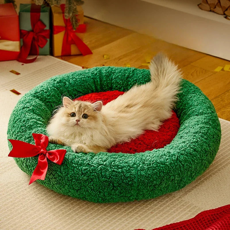 Christmas Version Plush Round Cat Bed Pet Mattress Warm Soft Comfortable Basket Cat Dog 2 in 1 Sleeping Bag Nest for Small Dogs