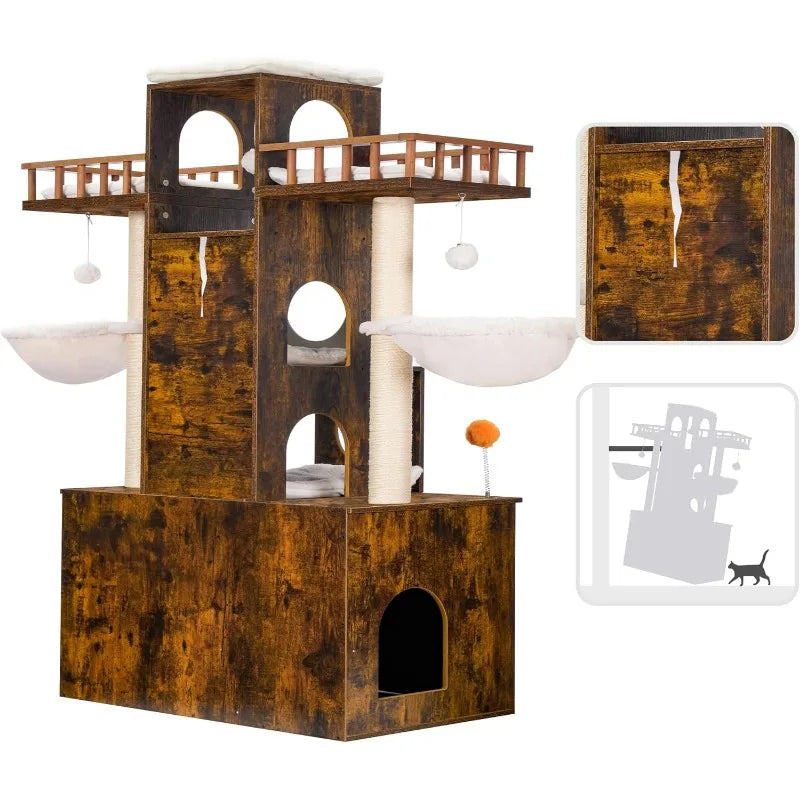 Cat Tree Tower with Litter Box Enclosure, for Large Cats 20 lbs Heavy Duty, Modern Cat Condo Furniture with Scratching Posts