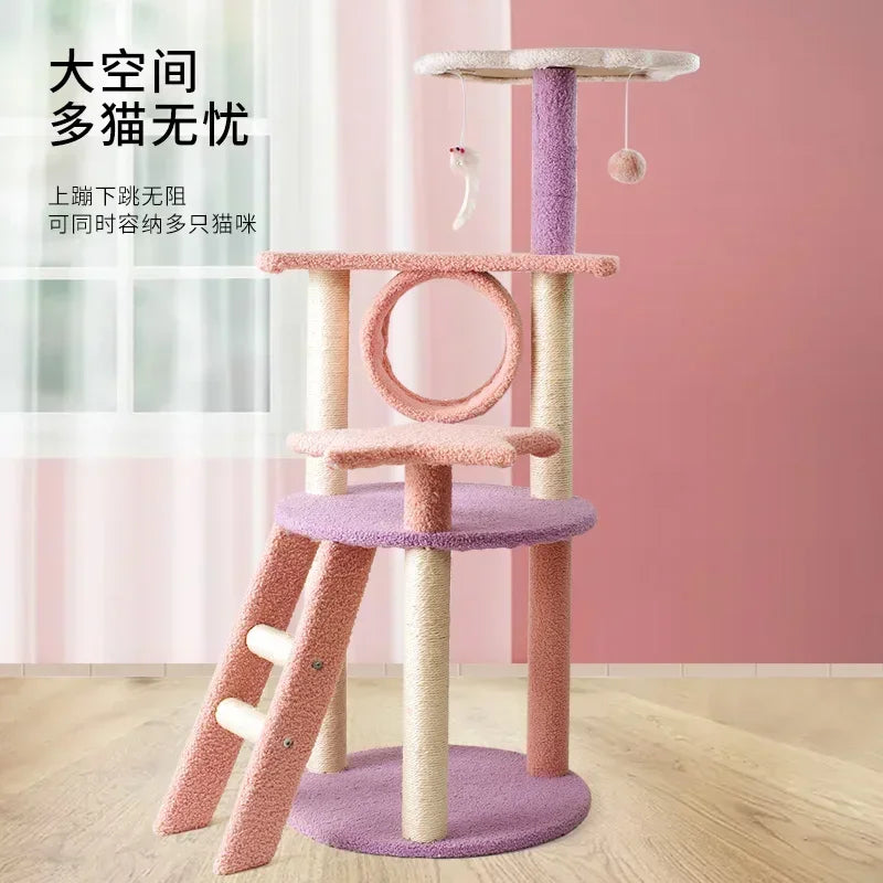 Cat Tree Apartment Tower with Basket Perch Platform Pink Cat Supplies Cat Toys Let Cats Play Happy At Home