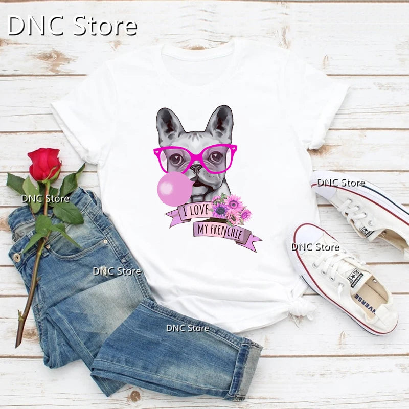French Bulldog Lovers, Sweet French Black And White With Pin Donuts Dog Lovers Women Tshirts Summer T-Shirts Femme O Collar Tops