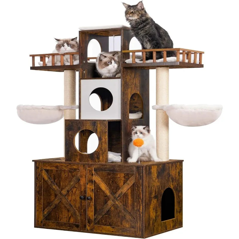 Cat Tree Tower with Litter Box Enclosure, for Large Cats 20 lbs Heavy Duty, Modern Cat Condo Furniture with Scratching Posts
